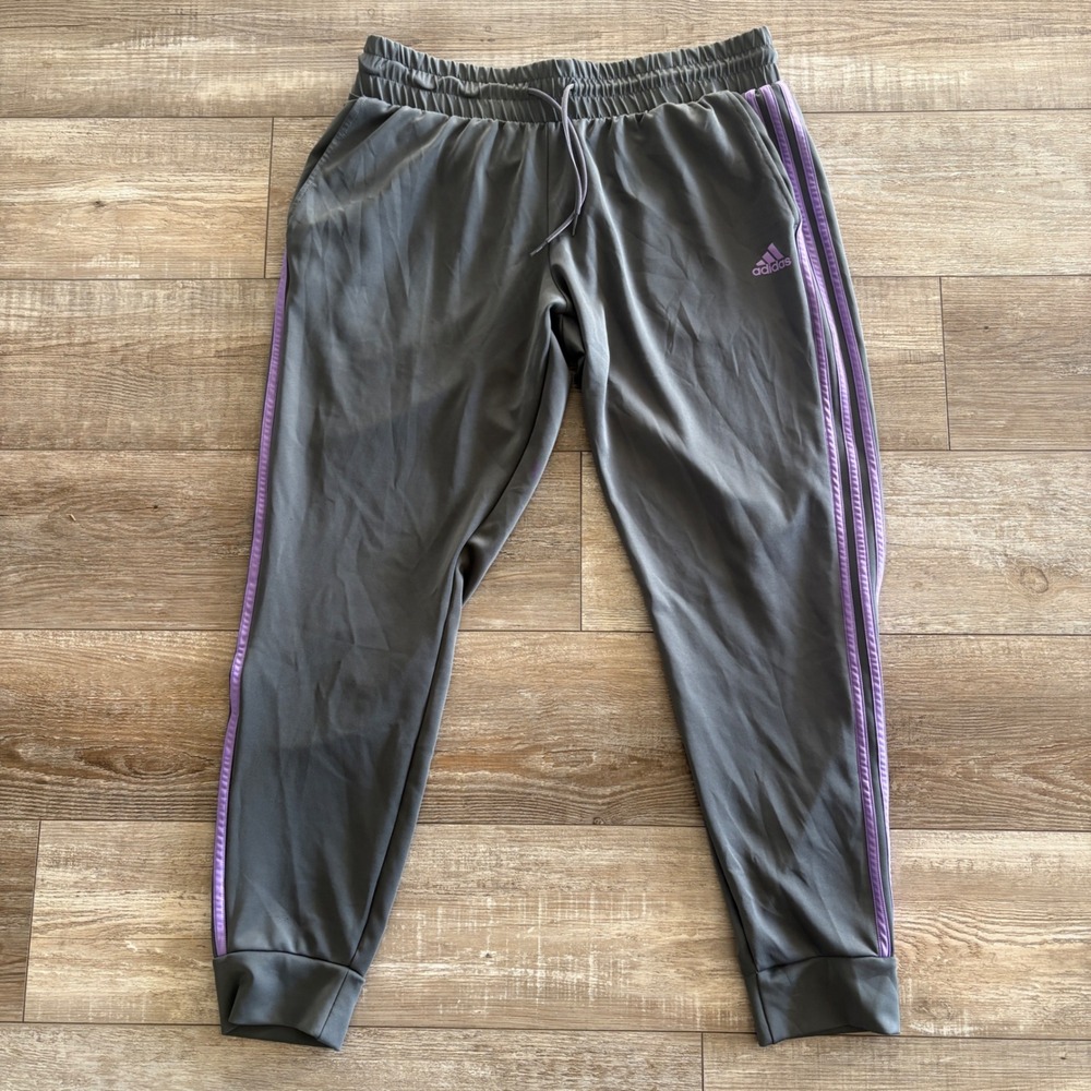 Adidas Aeroready Track Pants Mens XL Gray Purple Cuffed 3-Stripes Sretch Jogger